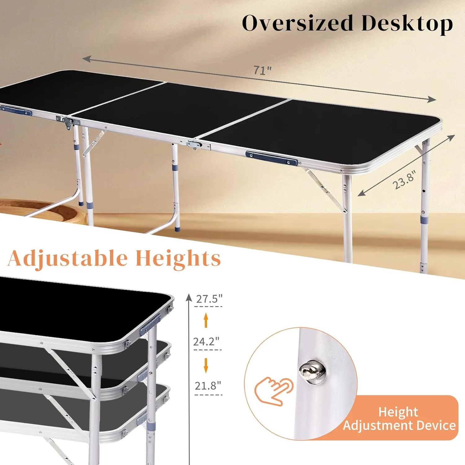 Vasitelan Folding Portable Camping Table, Outdoor Dining Picnic Table for Grill, DJ, BBQ, Dining, Picnic, Cooking, Beach, Garden (Black, 6 FT)