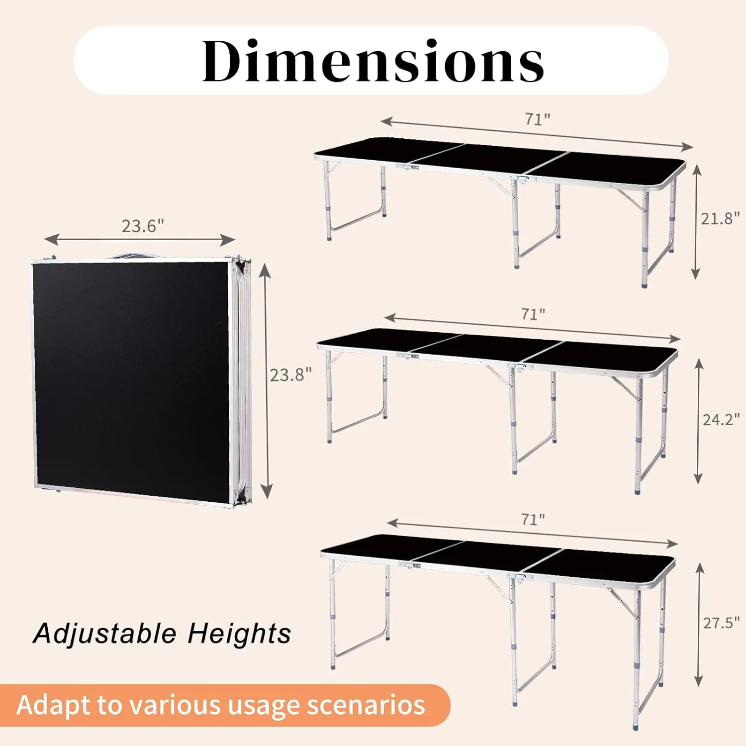 Vasitelan Folding Portable Camping Table, Outdoor Dining Picnic Table for Grill, DJ, BBQ, Dining, Picnic, Cooking, Beach, Garden (Black, 6 FT)