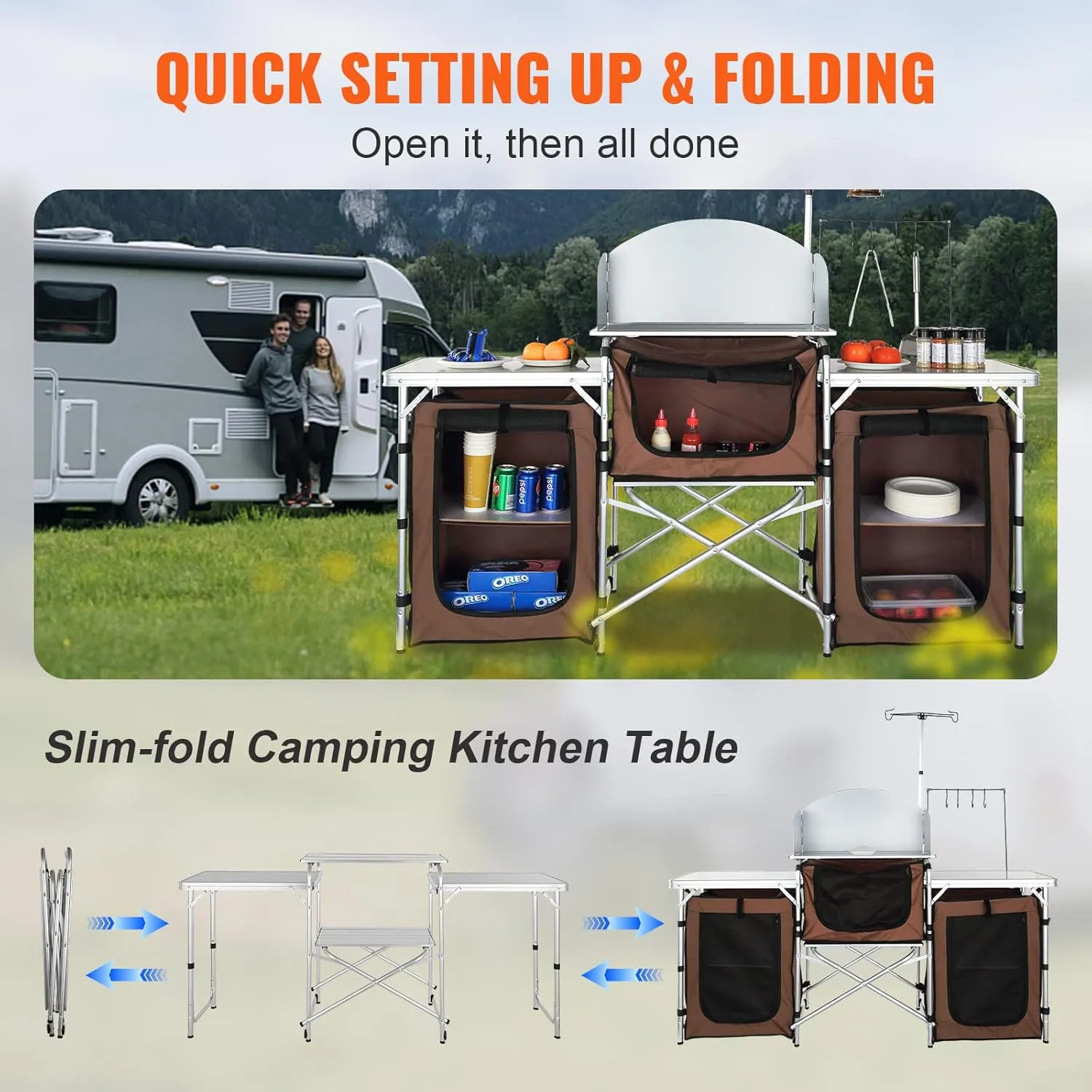 VBENLEM Camping Kitchen Table, Aluminum Portable Folding Camp Cook Table with Windshield, 3 Cupboard, Storage Organizer, Quick Installation for Outdoor Picnic Beach Party Cooking, Brown
