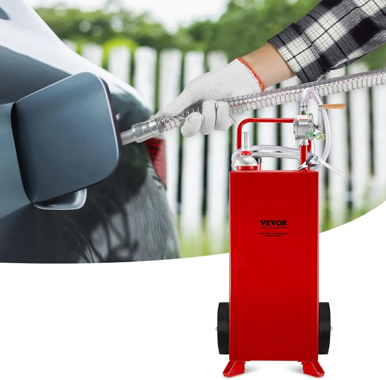 VEVOR 30 Gallon Fuel Caddy, Fuel Storage Tank on 2 Wheels, Portable Gas Caddy with Manual Transfer Pump, Gasoline Diesel Fuel Container for Cars, Lawn Mowers, ATVs, Boats, More, Red