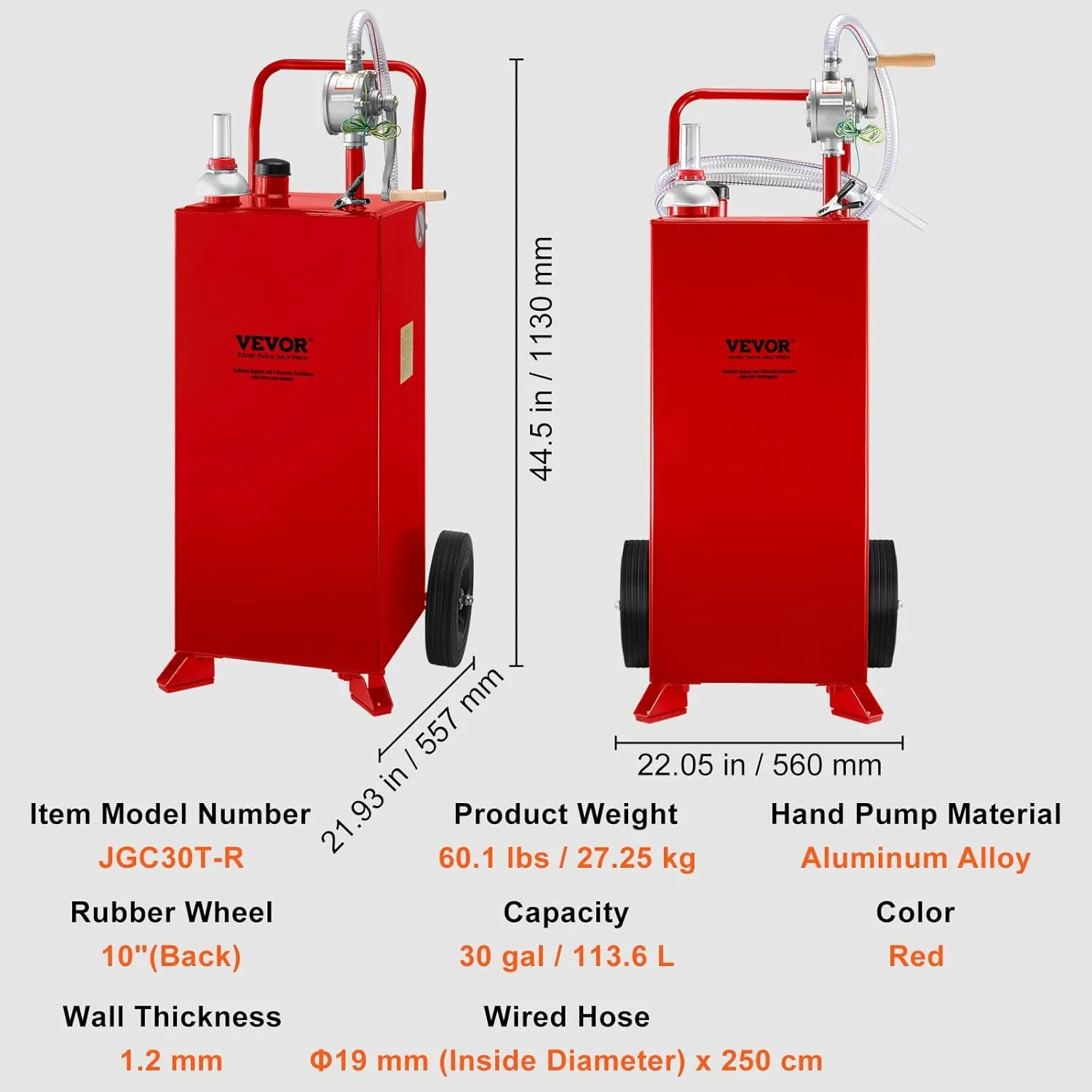 VEVOR 30 Gallon Fuel Caddy, Fuel Storage Tank on 2 Wheels, Portable Gas Caddy with Manual Transfer Pump, Gasoline Diesel Fuel Container for Cars, Lawn Mowers, ATVs, Boats, More, Red
