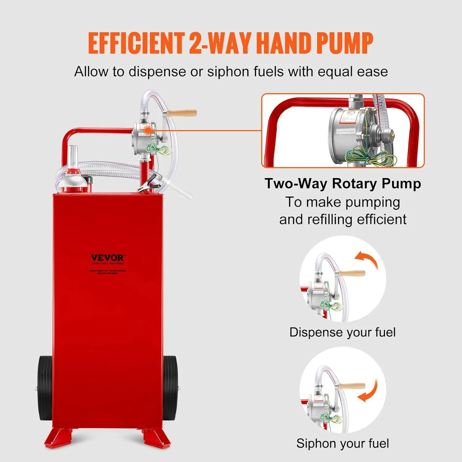 VEVOR 30 Gallon Fuel Caddy, Fuel Storage Tank on 2 Wheels, Portable Gas Caddy with Manual Transfer Pump, Gasoline Diesel Fuel Container for Cars, Lawn Mowers, ATVs, Boats, More, Red