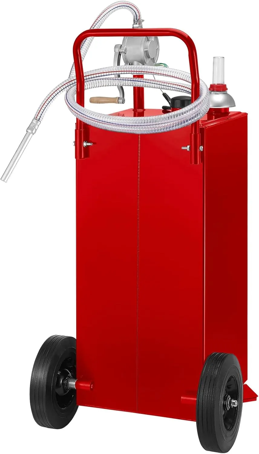 VEVOR 30 Gallon Fuel Caddy, Fuel Storage Tank on 2 Wheels, Portable Gas Caddy with Manual Transfer Pump, Gasoline Diesel Fuel Container for Cars, Lawn Mowers, ATVs, Boats, More, Red