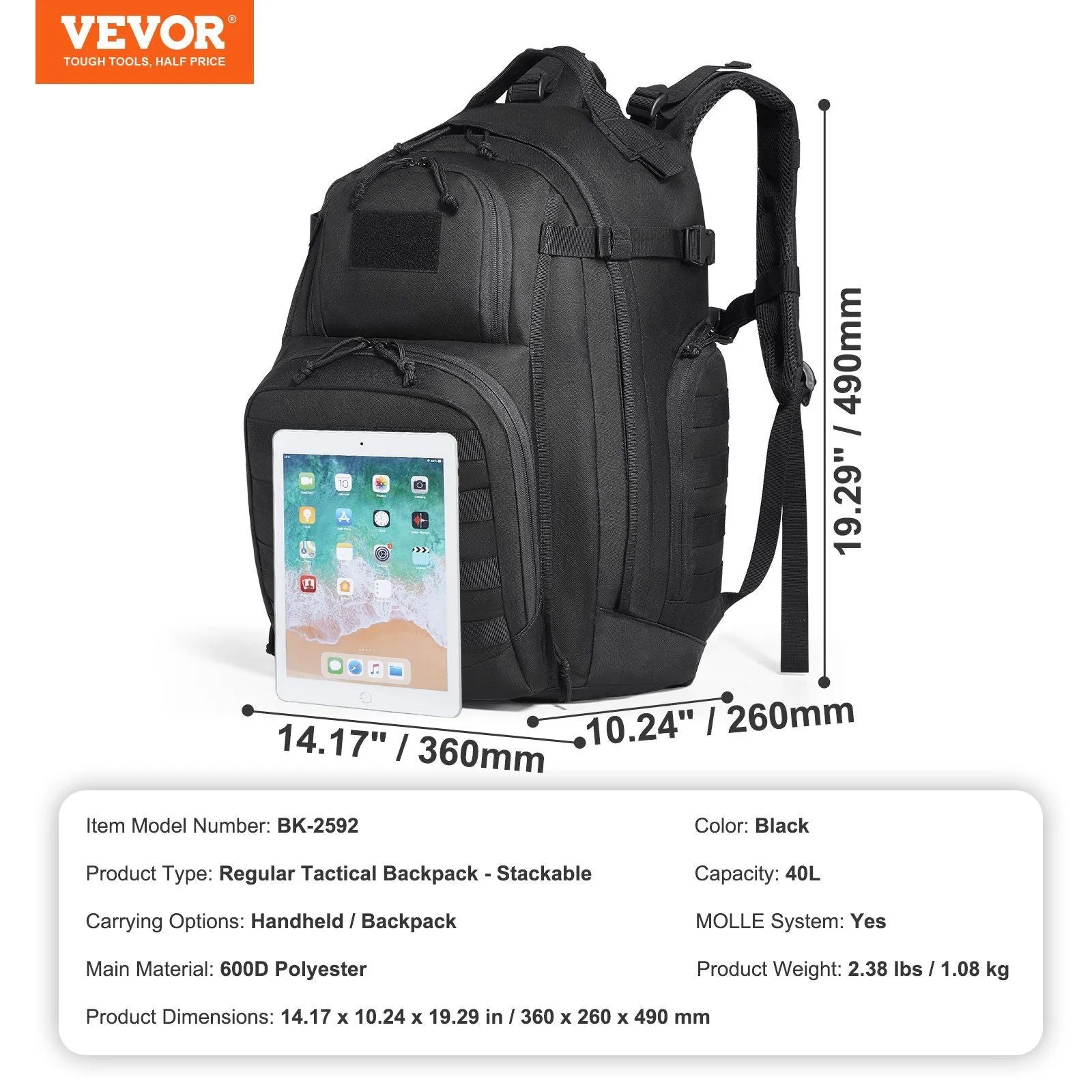 Vevor Tactical Backpack 40L Military Backpack with Molle Mode & Sponge Pad Army Assault Pack Bug Out Bag Camping Trekking Outdoor Rucksack Daily EDC Backpack, Black