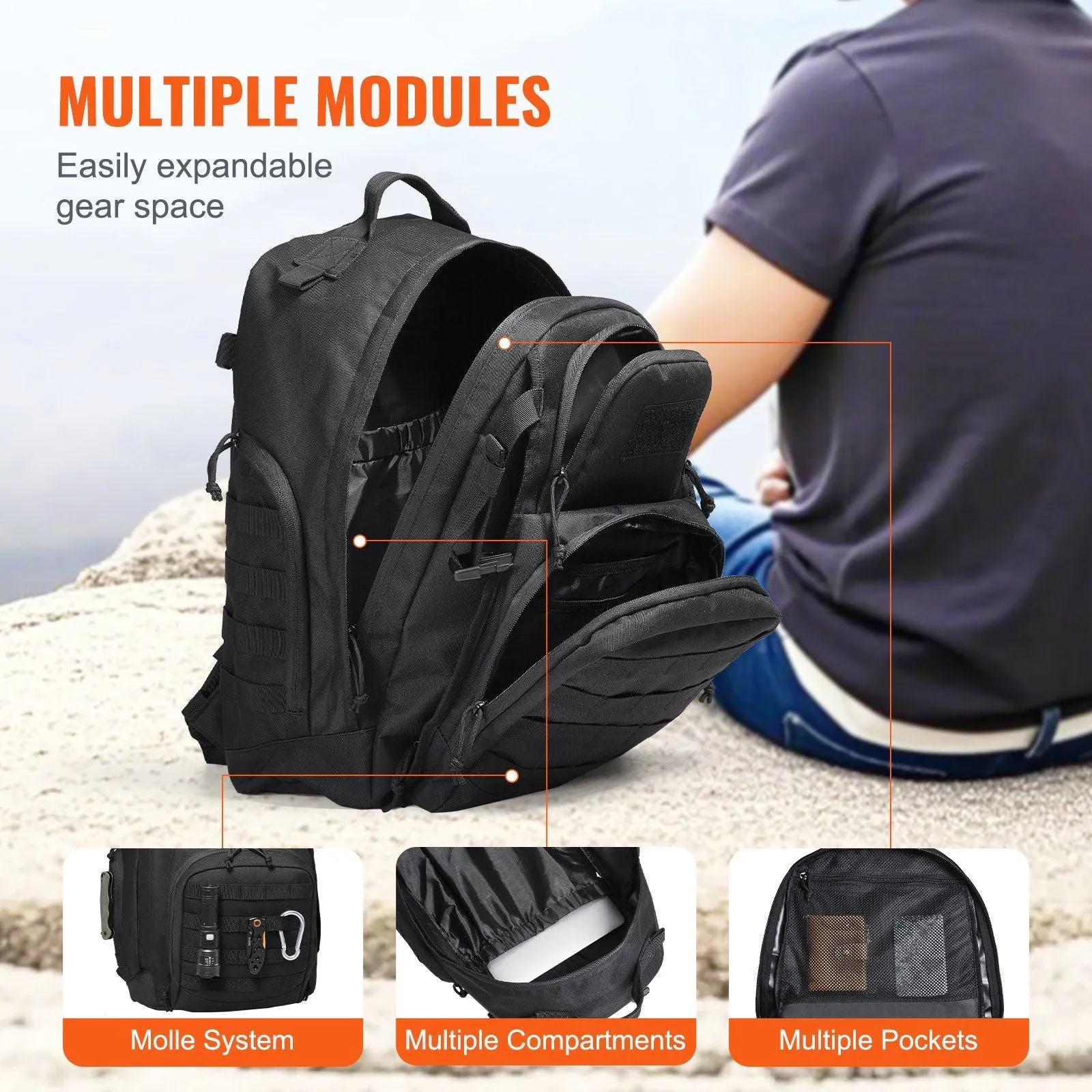 Vevor Tactical Backpack 40L Military Backpack with Molle Mode & Sponge Pad Army Assault Pack Bug Out Bag Camping Trekking Outdoor Rucksack Daily EDC Backpack, Black