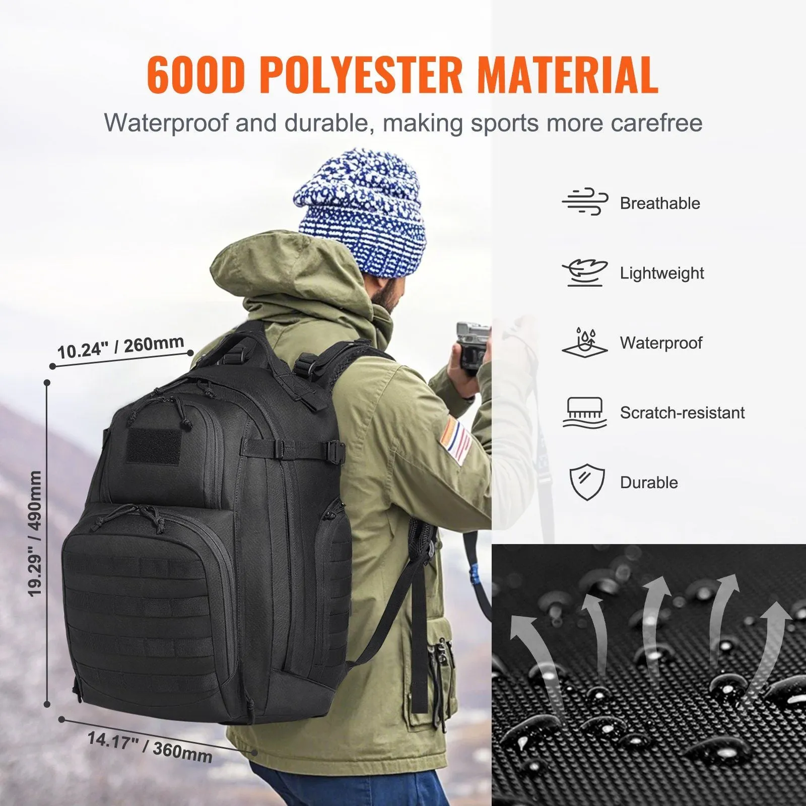 Vevor Tactical Backpack 40L Military Backpack with Molle Mode & Sponge Pad Army Assault Pack Bug Out Bag Camping Trekking Outdoor Rucksack Daily EDC Backpack, Black
