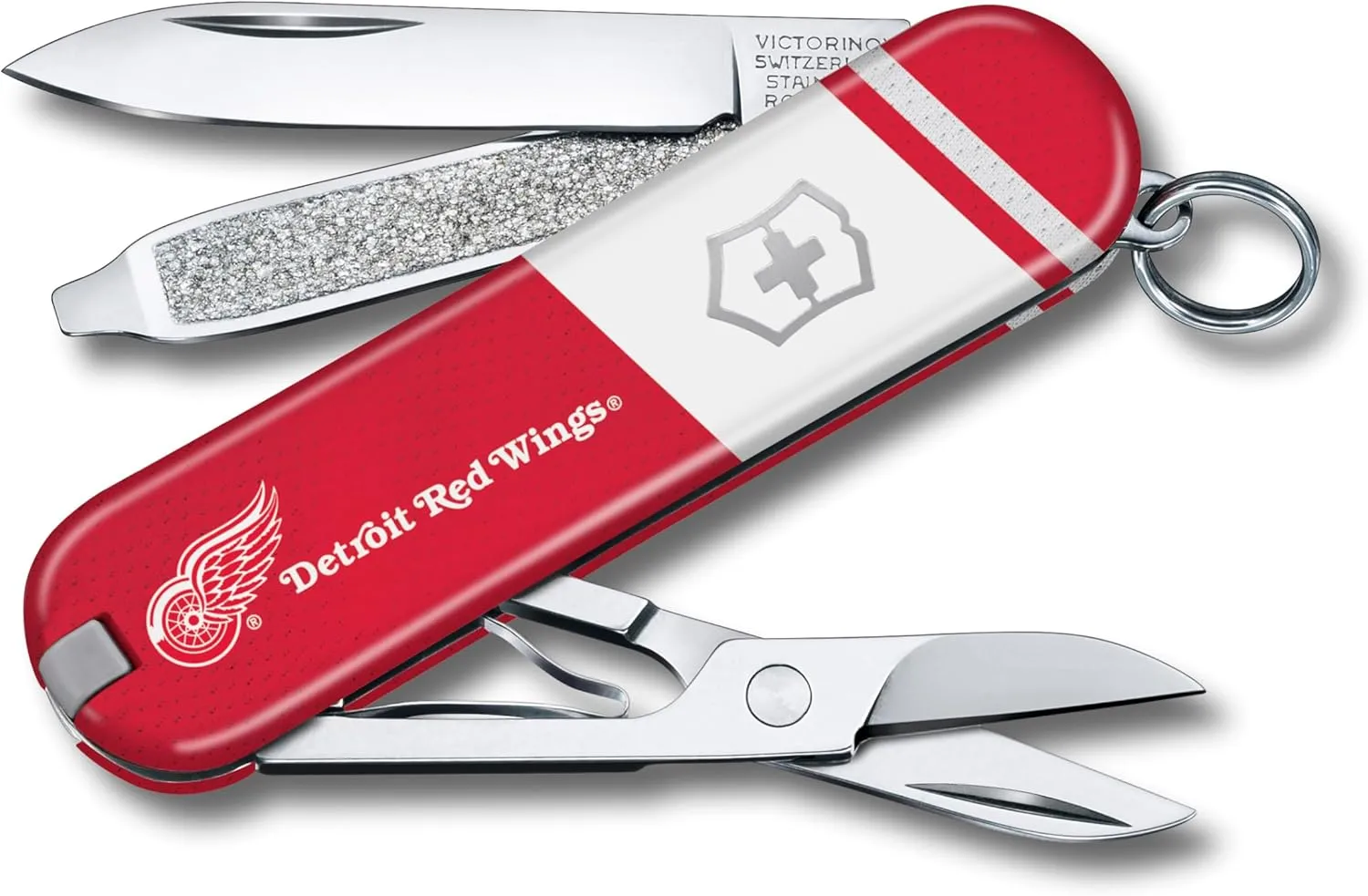 Victorinox Classic SD Swiss Army Knife – Compact 7 Function Swiss Made Pocket Knife with Small Blade, Screwdriver and Key Ring – Detroit Red Wings