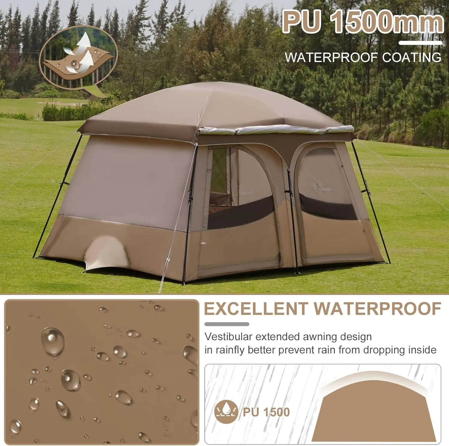 Vidalido Tents，6-8 Person Camping Tent with Extended Vestibule，2 Room Weather Resistant Family Tents，Easy Install Waterproof Outdoor Tent for Backpacking and Camping Hiking