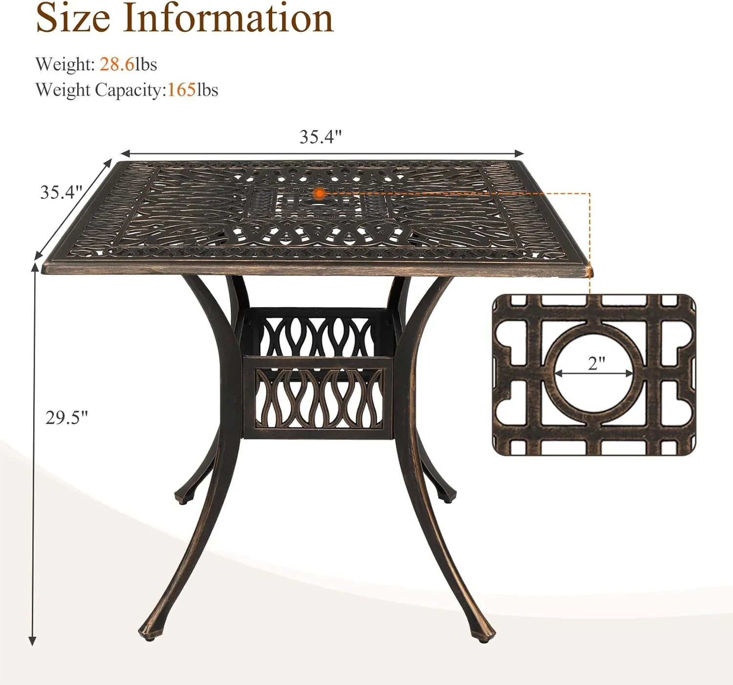 VINGLI Patio Dining Table With Umbrella Hole, Cast Aluminum Outdoor Bistro Furniture for Garden (35.4"Lx35.4"Wx29.5"H)