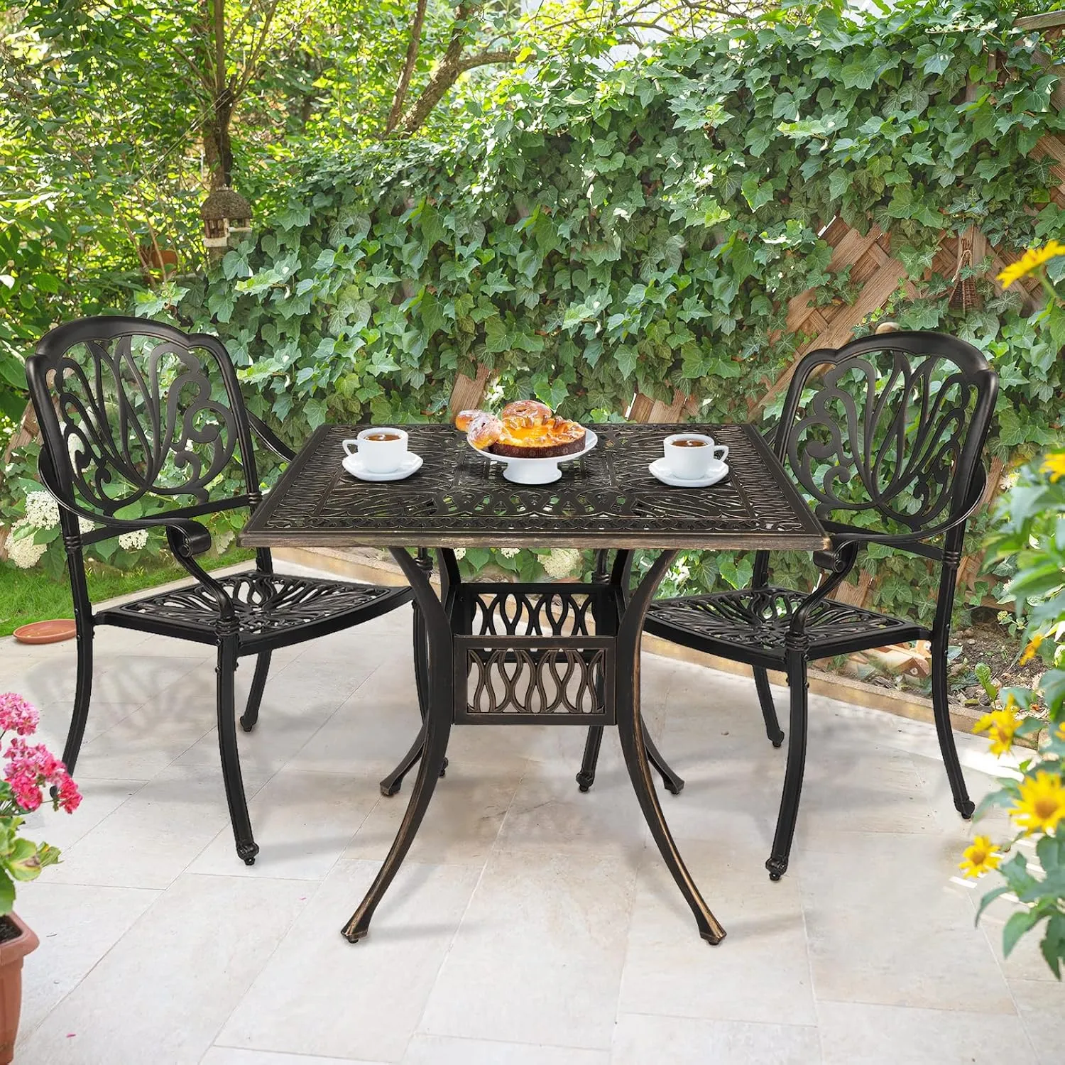 VINGLI Patio Dining Table With Umbrella Hole, Cast Aluminum Outdoor Bistro Furniture for Garden (35.4"Lx35.4"Wx29.5"H)