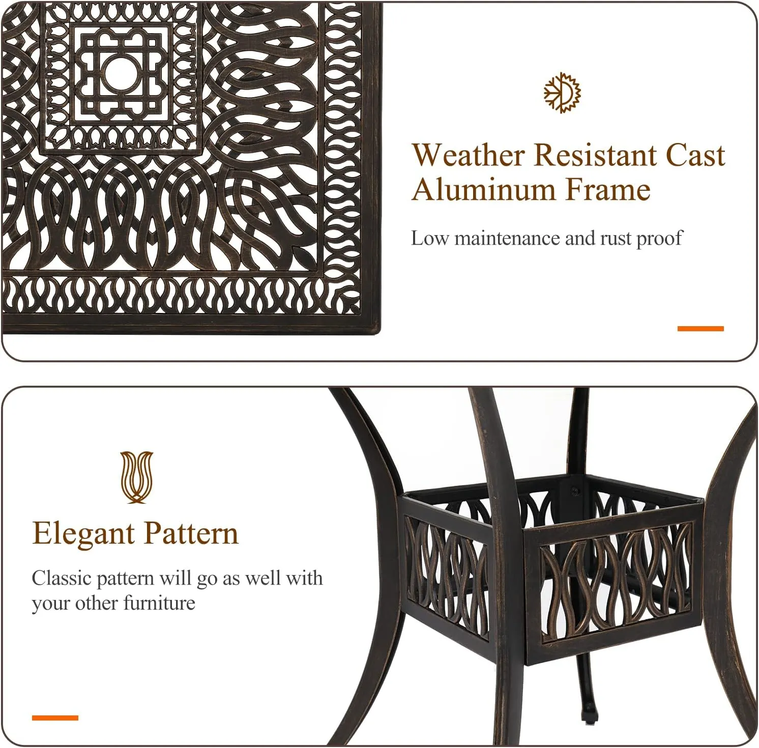 VINGLI Patio Dining Table With Umbrella Hole, Cast Aluminum Outdoor Bistro Furniture for Garden (35.4"Lx35.4"Wx29.5"H)