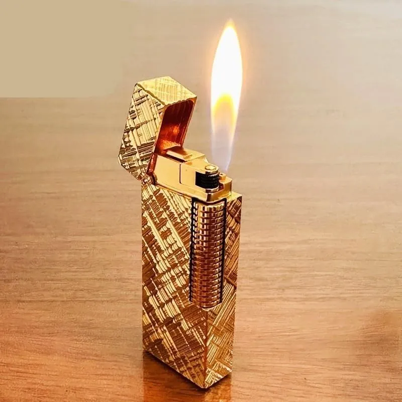 Vintage Brass Hand Engraved Metal Cigar Lighter, High End Classic Flip Top Grinding Wheel Side Slide Ignition Butane Lighter With Adjustable Flame Refillable Lighters, Windproof Trench Lighter, Gift f