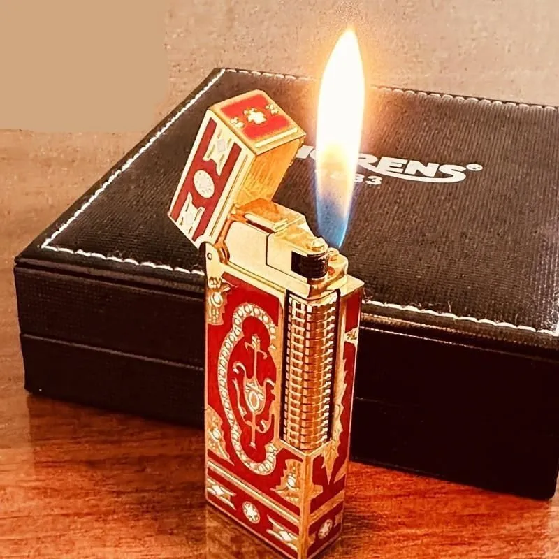 Vintage Brass Hand Engraved Metal Cigar Lighter, High End Classic Flip Top Grinding Wheel Side Slide Ignition Butane Lighter With Adjustable Flame Refillable Lighters, Windproof Trench Lighter, Gift f