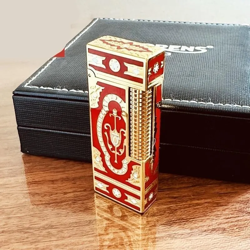 Vintage Brass Hand Engraved Metal Cigar Lighter, High End Classic Flip Top Grinding Wheel Side Slide Ignition Butane Lighter With Adjustable Flame Refillable Lighters, Windproof Trench Lighter, Gift f