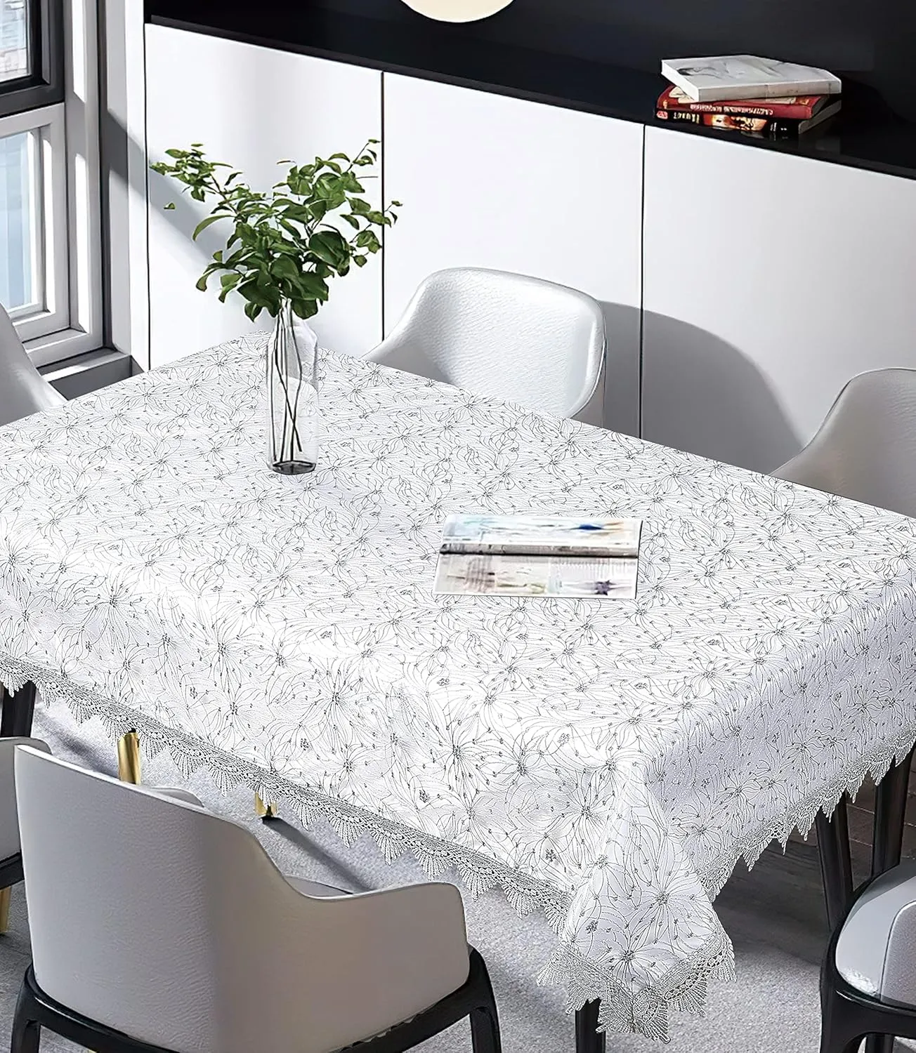 Violet Linen Dainty Roses Floral Embroidery Mesh Lace, Macrame Lace Border Pattern, Polyester Embroidered, White, 52 Inch by 70 Inch, Seats 4 to 6 People, Rectangle Tablecloths