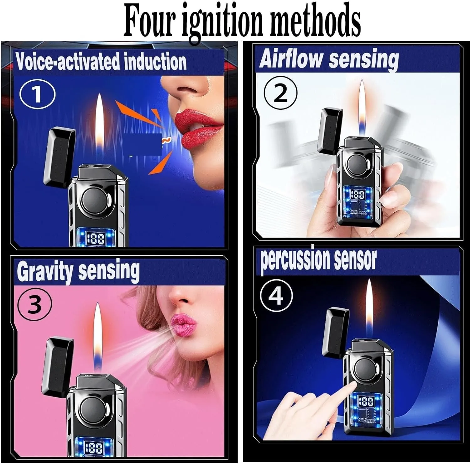 Voice Activated Smart Lighter,Transparent Fuel Tank,Dual Flame,Refillable Butane Gas,Multi-Function,Gift for Men(Blue)