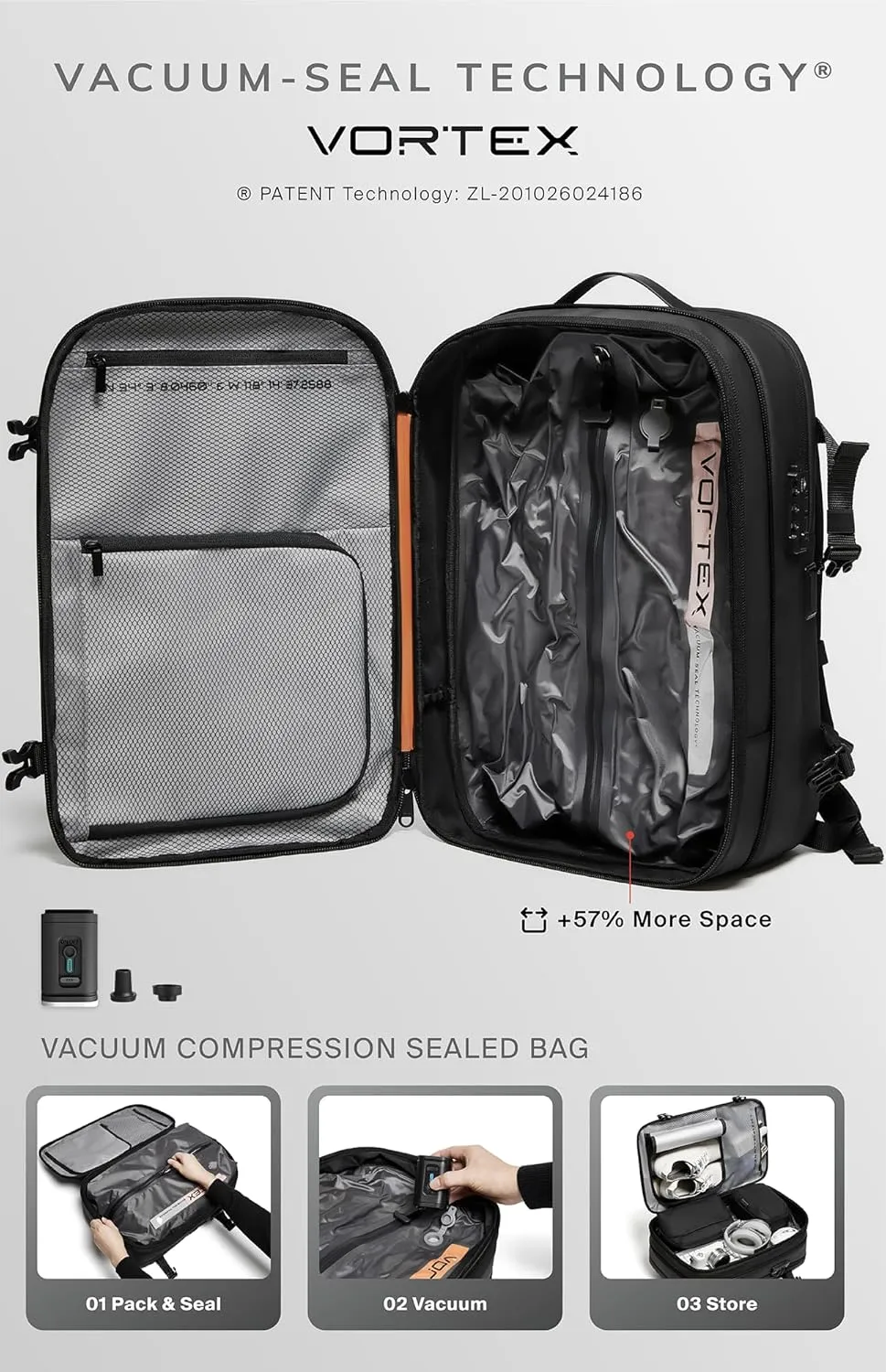 Vortex Vacuum Seal Travel Backpack 60L Exapandable Air Compression System Water Resistant TSA Lock Carry-On Suitcase Luggage Black AERO - Vacuum Pump Included