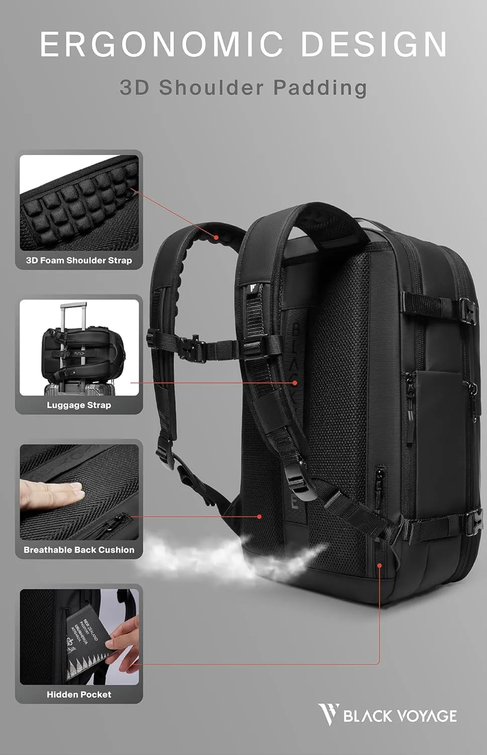 Vortex Vacuum Seal Travel Backpack 60L Exapandable Air Compression System Water Resistant TSA Lock Carry-On Suitcase Luggage Black AERO - Vacuum Pump Included