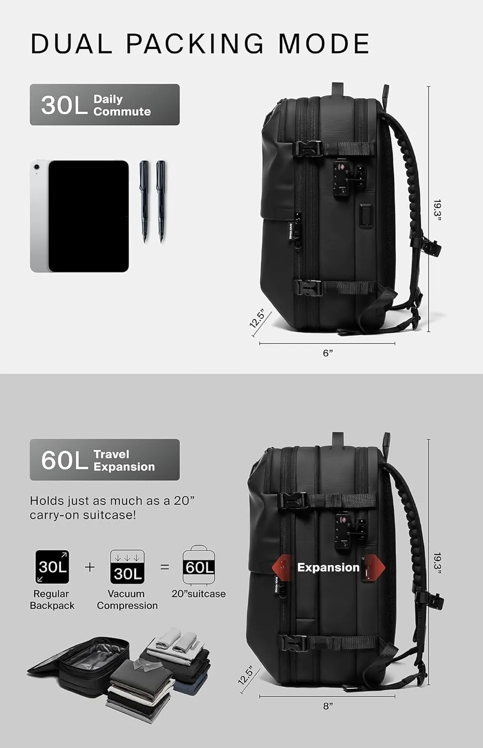 Vortex Vacuum Seal Travel Backpack 60L Exapandable Air Compression System Water Resistant TSA Lock Carry-On Suitcase Luggage Black AERO - Vacuum Pump Included
