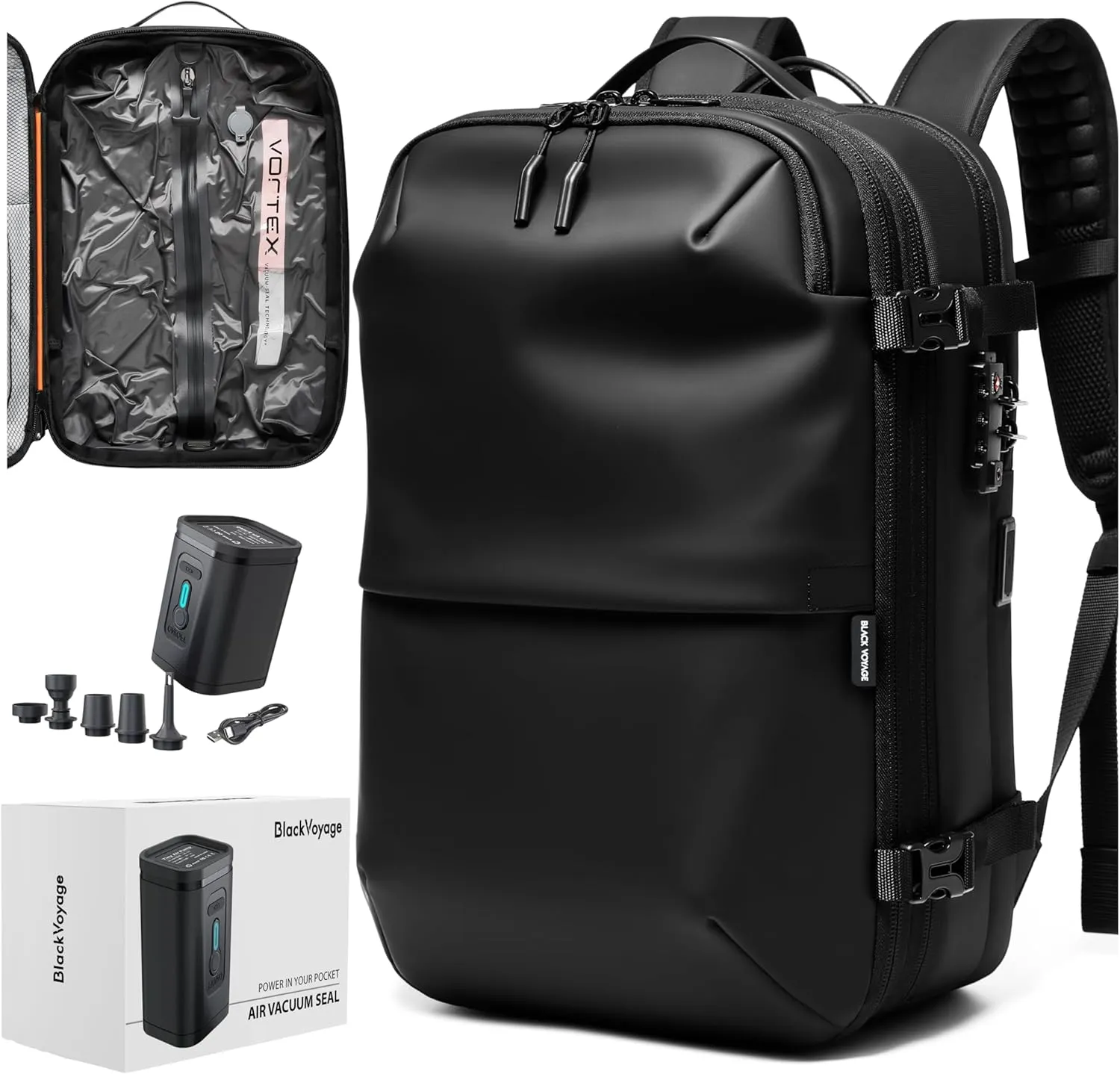 Vortex Vacuum Seal Travel Backpack 60L Exapandable Air Compression System Water Resistant TSA Lock Carry-On Suitcase Luggage Black AERO - Vacuum Pump Included