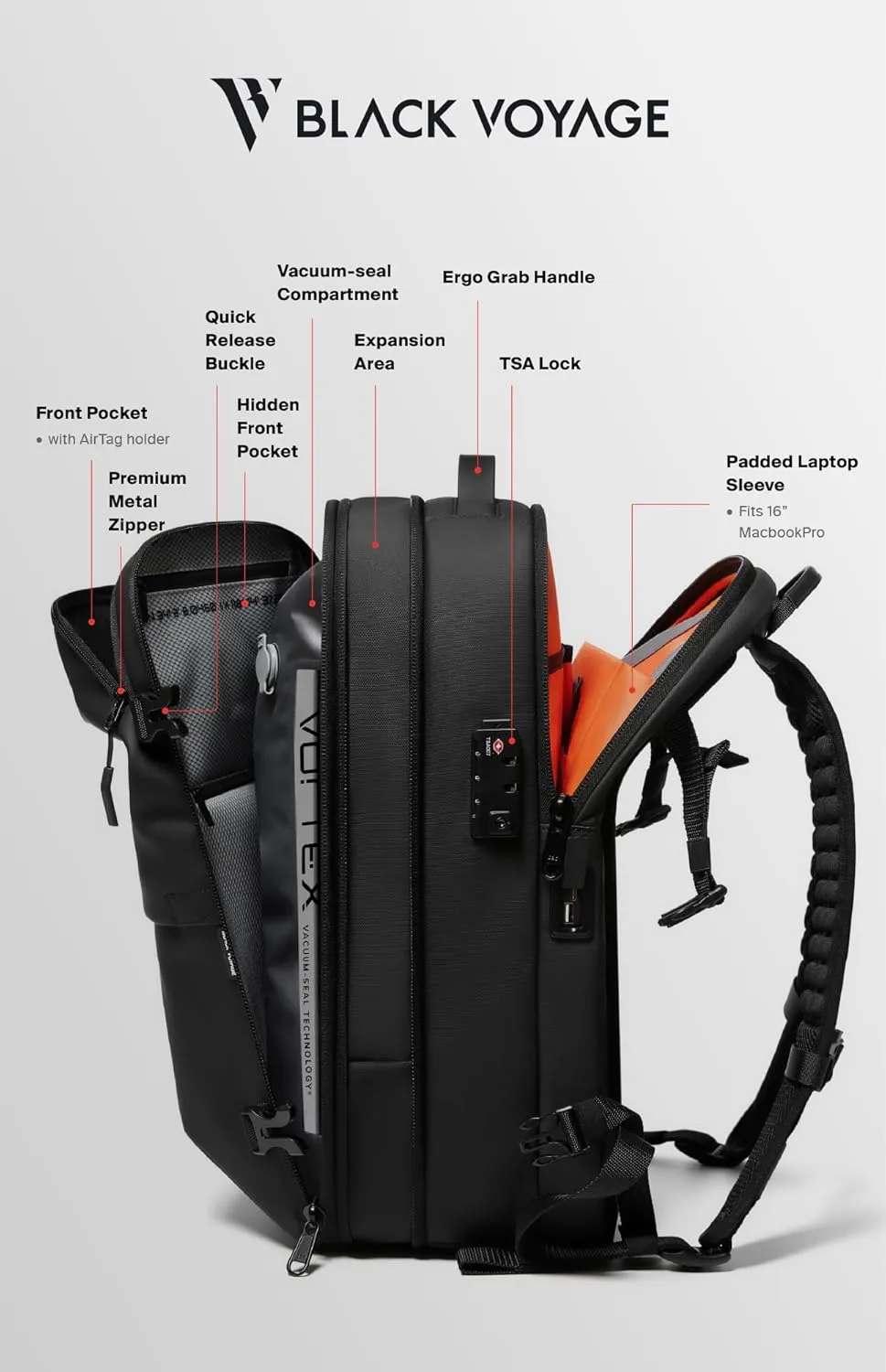 Vortex Vacuum Seal Travel Backpack 60L Exapandable Air Compression System Water Resistant TSA Lock Carry-On Suitcase Luggage Black AERO - Vacuum Pump Included