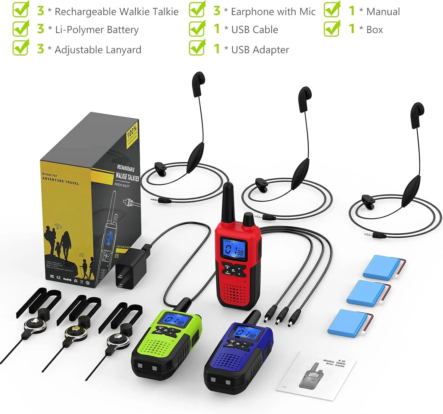 Walkie Talkies for Adults Long Range Rechargeable with Earpiece NOAA Weather Alert, Multi-purpose 2 Way Radio 3 Pack for Team Work Senior Care Kid Adventure Family Camping Hiking Skiing Cruise