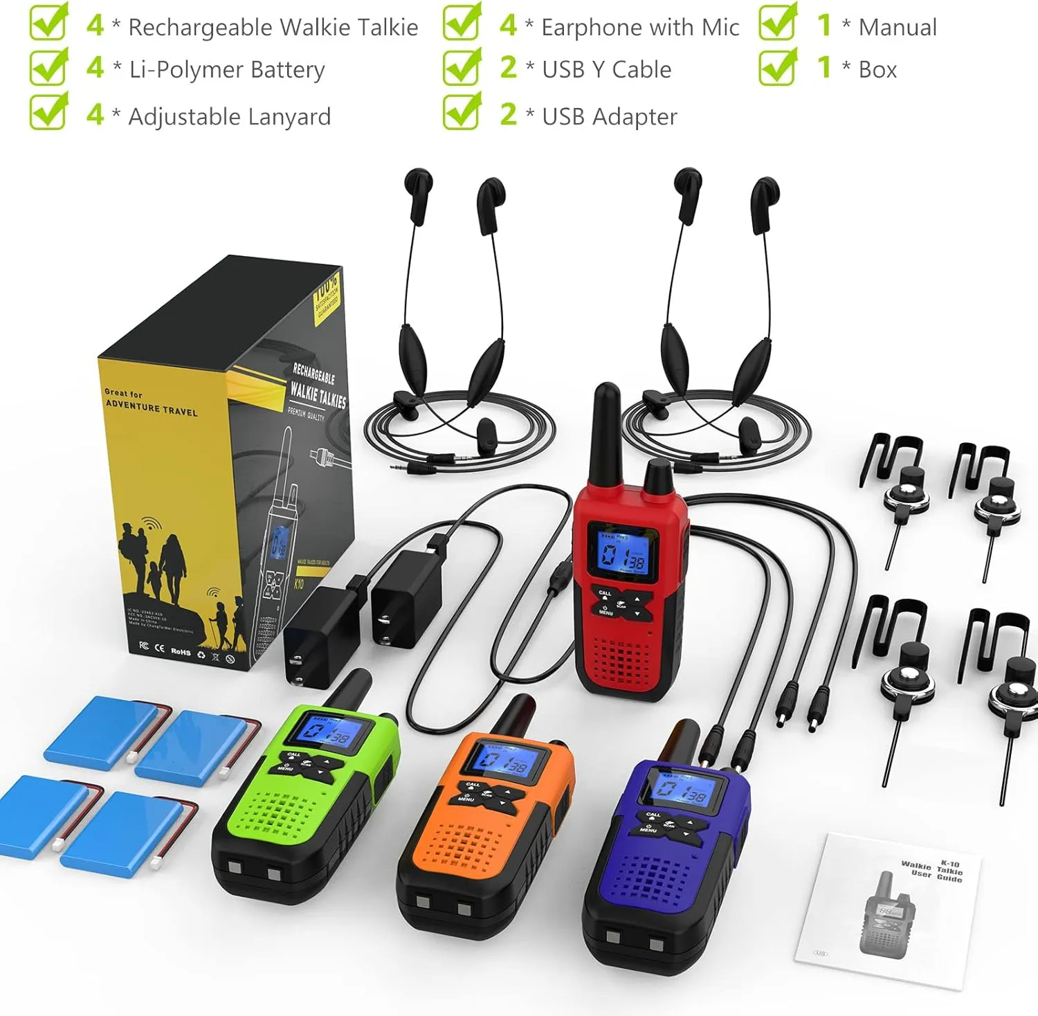 Walkie Talkies for Adults Long Range Rechargeable with Earpiece NOAA Weather Alert, Multi-purpose 2 Way Radio 4 Pack for Team Work Senior Care Kid Adventure Family Camping Hiking Skiing Cruise