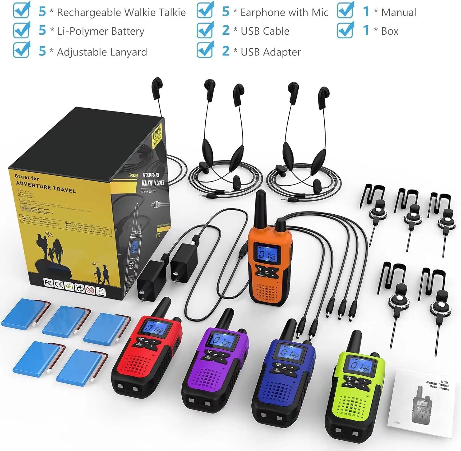 Walkie Talkies for Adults Long Range Rechargeable with Earpiece NOAA Weather Alert, Multi-purpose 2 Way Radio 5 Pack for Team Work Senior Care Kid Adventure Family Camping Hiking Skiing Cruise