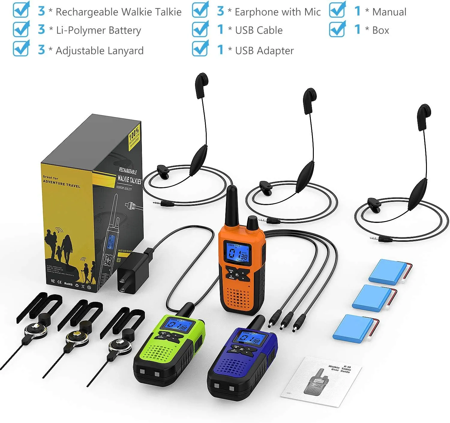 Walkie Talkies Long Range for Adults Rechargeable with Earpiece NOAA Weather Alert, Multi-purpose 2 Way Radio 3 Pack for Team Work Senior Care Kid Adventure Family Camping Hiking Skiing Cruise