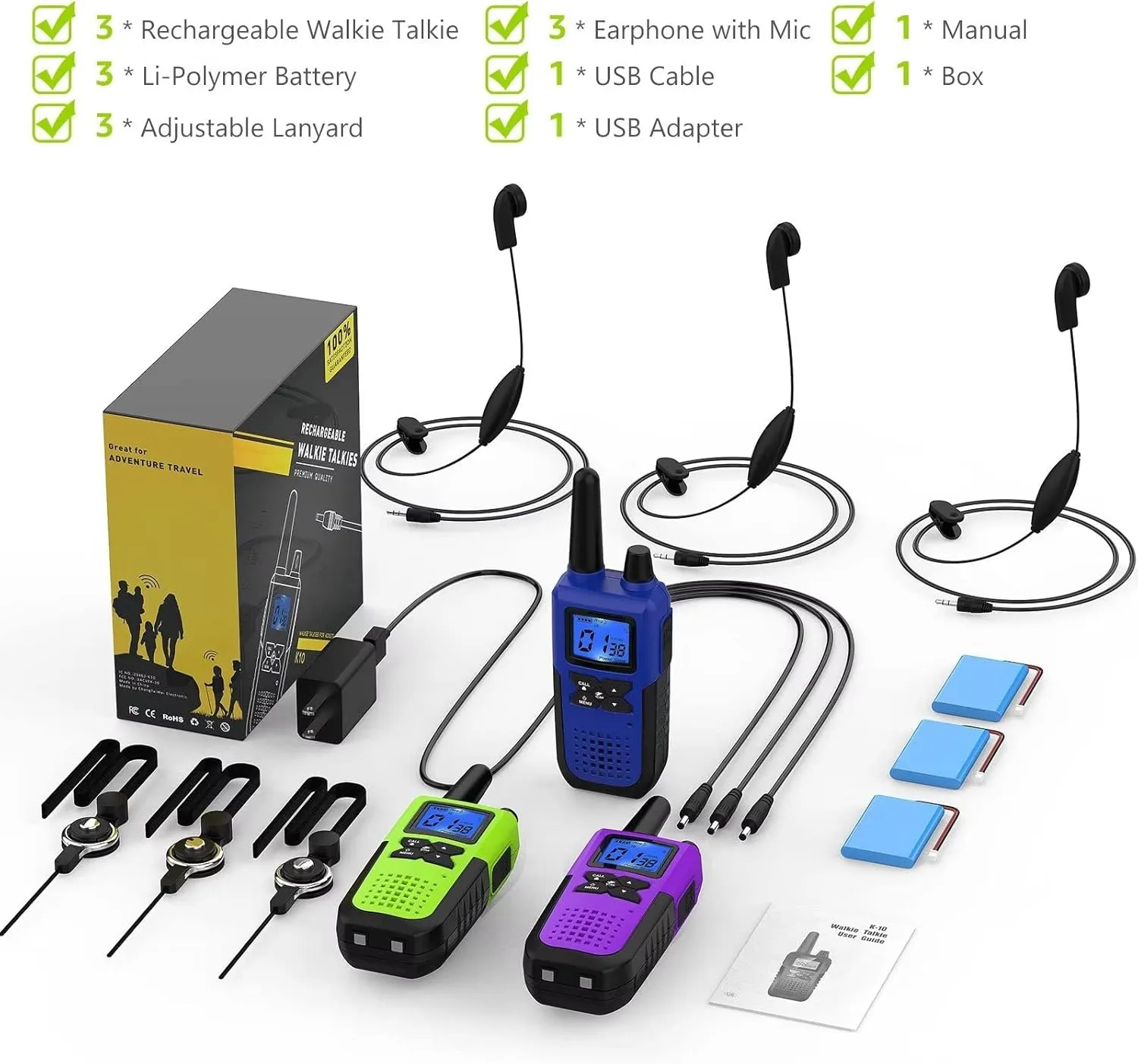Walkie Talkies Rechargeable for Adults Long Range with Earpiece NOAA Weather Alert, Multi-purpose 2 Way Radio 3 Pack for Team Work Senior Care Kid Adventure Family Camping Hiking Skiing Cruise