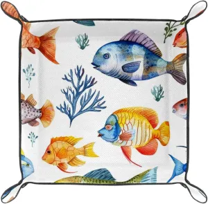 Watercolor Colorful Fish Microfiber Leather Dice Trays Folding for RPG DND Table Games, Leather Dice Holder Storage Box Portable Folding Rolling Dice Tray, 20.5x20.5cm