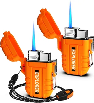 Waterproof Butane Torch Lighter Refillable Windproof Jet Flame Lighters for Fireplace Fireworks Grill Camping BBQ Lighter Gift for Man,2 Pack (Without Gas) (Orange Orange)