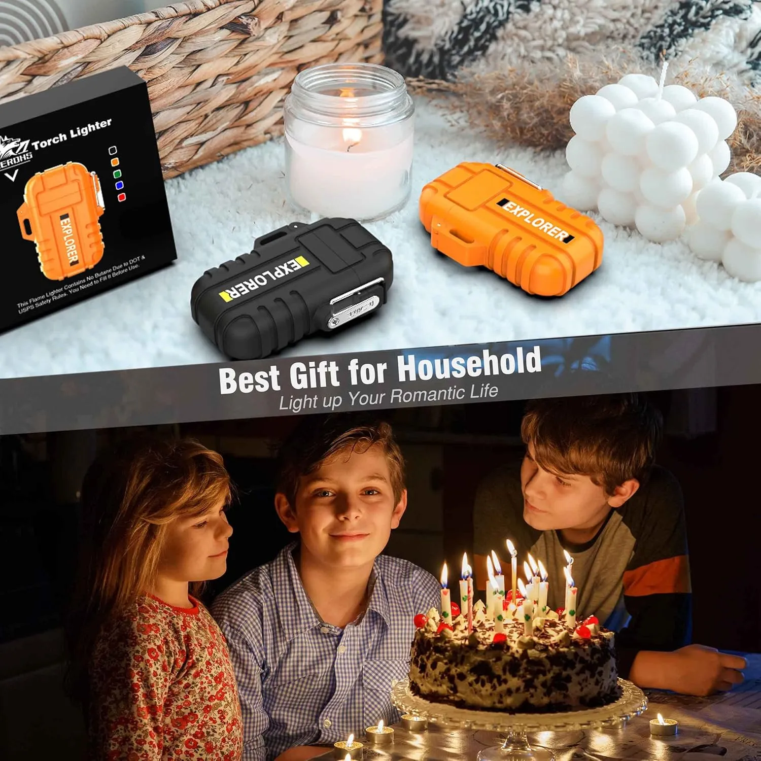 Waterproof Butane Torch Lighter Refillable Windproof Jet Flame Lighters for Fireplace Fireworks Grill Camping BBQ Lighter Gift for Man,2 Pack (Without Gas) (Orange Orange)