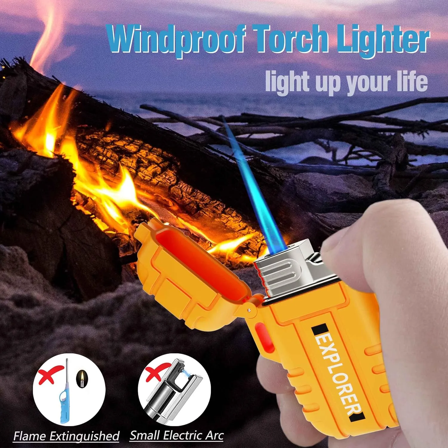 Waterproof Butane Torch Lighter Refillable Windproof Jet Flame Lighters for Fireplace Fireworks Grill Camping BBQ Lighter Gift for Man,2 Pack (Without Gas) (Orange Orange)