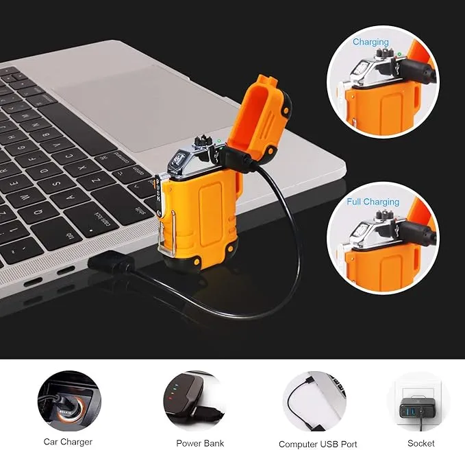 Waterproof Flameless Electric Lighter-Dual Arc Plasma Beam Lighter/USB rechargeable/Windproof/No Butane/Para-tinder Lanyard & Emergency Whistle/Ideal Lighter for Indoor and Outdoor(Orange)