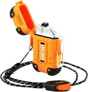 Waterproof Flameless Electric Lighter-Dual Arc Plasma Beam Lighter/USB rechargeable/Windproof/No Butane/Para-tinder Lanyard & Emergency Whistle/Ideal Lighter for Indoor and Outdoor(Orange)