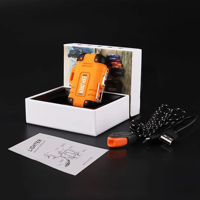Waterproof Flameless Electric Lighter-Dual Arc Plasma Beam Lighter/USB rechargeable/Windproof/No Butane/Para-tinder Lanyard & Emergency Whistle/Ideal Lighter for Indoor and Outdoor(Orange)