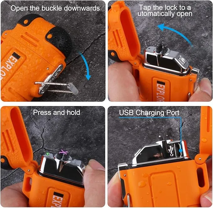 Waterproof Flameless Electric Lighter-Dual Arc Plasma Beam Lighter/USB rechargeable/Windproof/No Butane/Para-tinder Lanyard & Emergency Whistle/Ideal Lighter for Indoor and Outdoor(Orange)