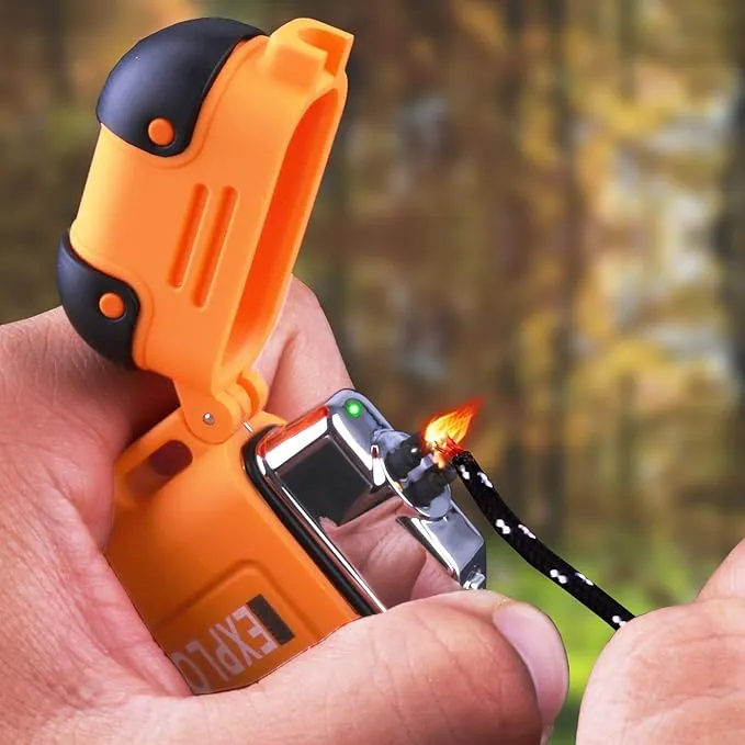 Waterproof Flameless Electric Lighter-Dual Arc Plasma Beam Lighter/USB rechargeable/Windproof/No Butane/Para-tinder Lanyard & Emergency Whistle/Ideal Lighter for Indoor and Outdoor(Orange)