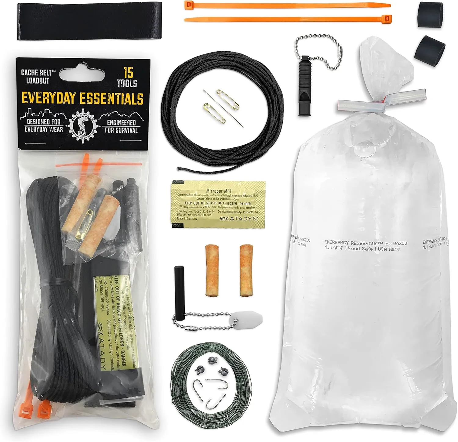 WAZOO Survival Gear Everyday Essentials Kit, 15 Tool Survival kit, Backpacking Kit, Camping Multi Tool kit, Made in The U.S.A.