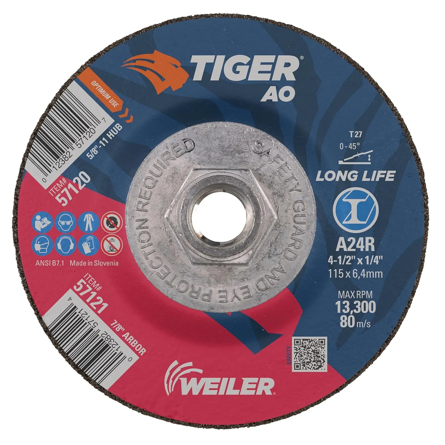 Weiler 57120 Tiger 4-1/2" Grinding Wheel, Type 27, 1/4" Thick, A24R, 5/8"-11 UNC Nut (Pack of 10)