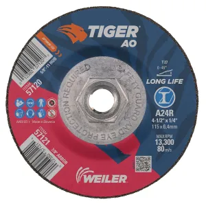Weiler 57120 Tiger 4-1/2" Grinding Wheel, Type 27, 1/4" Thick, A24R, 5/8"-11 UNC Nut (Pack of 10)