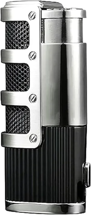 Windproof Butane Turbine Lighter, Metal Vintage Dual Flame Lighters, Refillable Fuel, Adjustable Flame Size, Gift for Men (Fuel Not Included)(Silver)