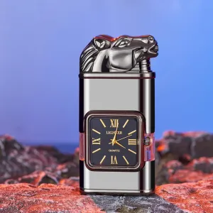 Windproof Dual-Flame Vintage Watch Lighter, Adjustable Dual-Mode Torch Lighters for Men, Refillable Butane Windproof Lighter with Visible Fuel Tank Men Gifts (Without Butane)(Black grey,Horse)