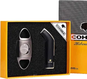 Windproof Torch Metal Cigar Lighter Double Jet Blue Flame with Puncher and Stainless Steel Cigar Cutter Set