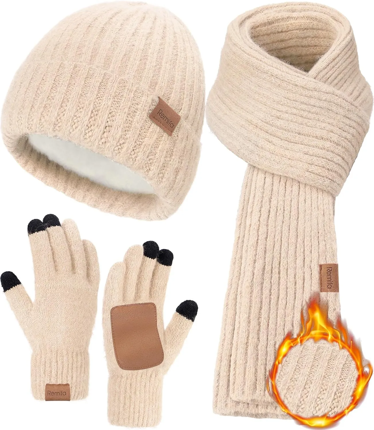 Women Winter Warm Knit Hat Beanie Long Neck Scarf Touchscreen Gloves Set Fleece Skull Cap Valentines Gifts for Men Women Teen