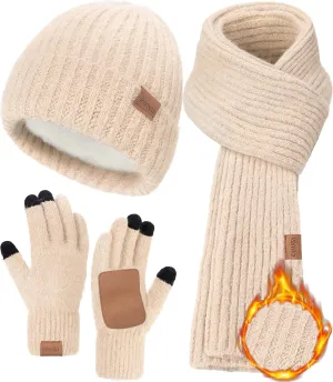 Women Winter Warm Knit Hat Beanie Long Neck Scarf Touchscreen Gloves Set Fleece Skull Cap Valentines Gifts for Men Women Teen