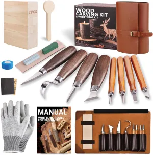 Wood Carving Kit Whittling Kit: Deluxe Wood Carving Tools Set with Leather Case - Wood Carving Knife with Basswood Blocks Woodworking Widdle Gift for Beginners Kids Adults Hobby