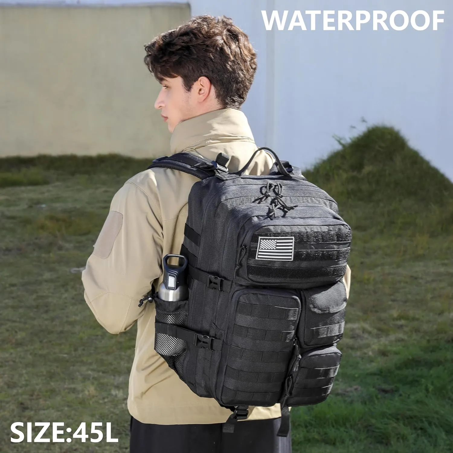 Wotony Tactical Backpack - Military waterproof backpack with multiple pockets and tactical gear for the outdoors (Black, 45L)