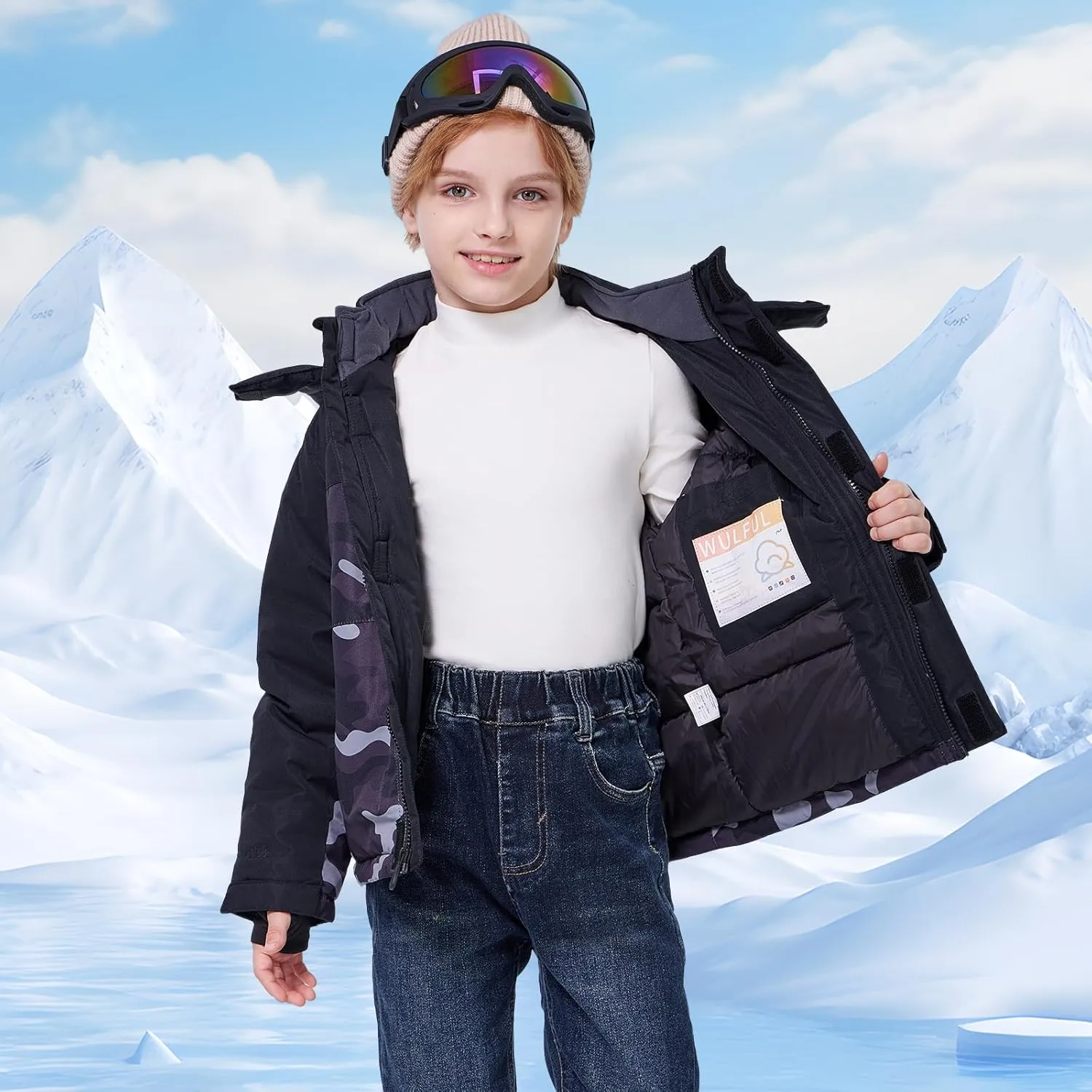 WULFUL Kid's Waterproof Ski Jacket Warm Fleece Hooded Boy's and Girl's Winter Snow Coat Outwear,Windproof RainCoat